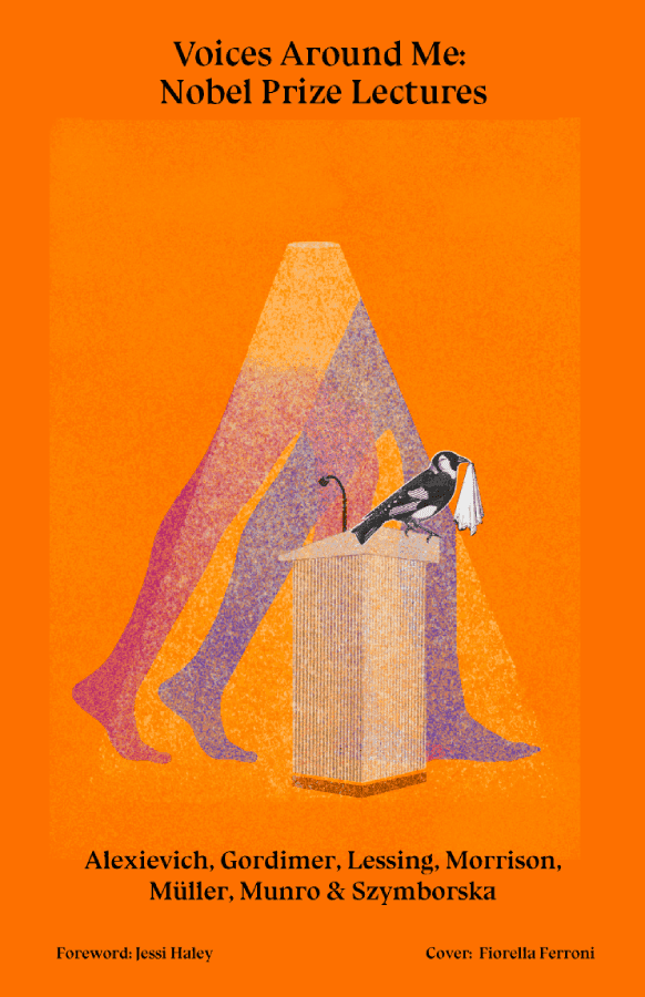 Cover for Voices Around Me, featuring long legs striding over a podium, while a bird sits on the podium with a white handkerchief in its mouth